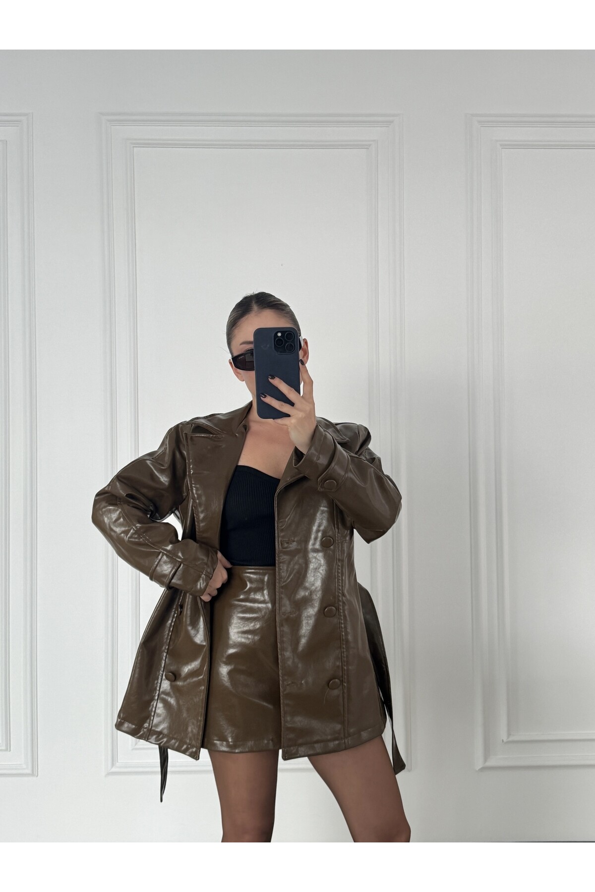 Parlak Haki Deri Ceket Etek Takım