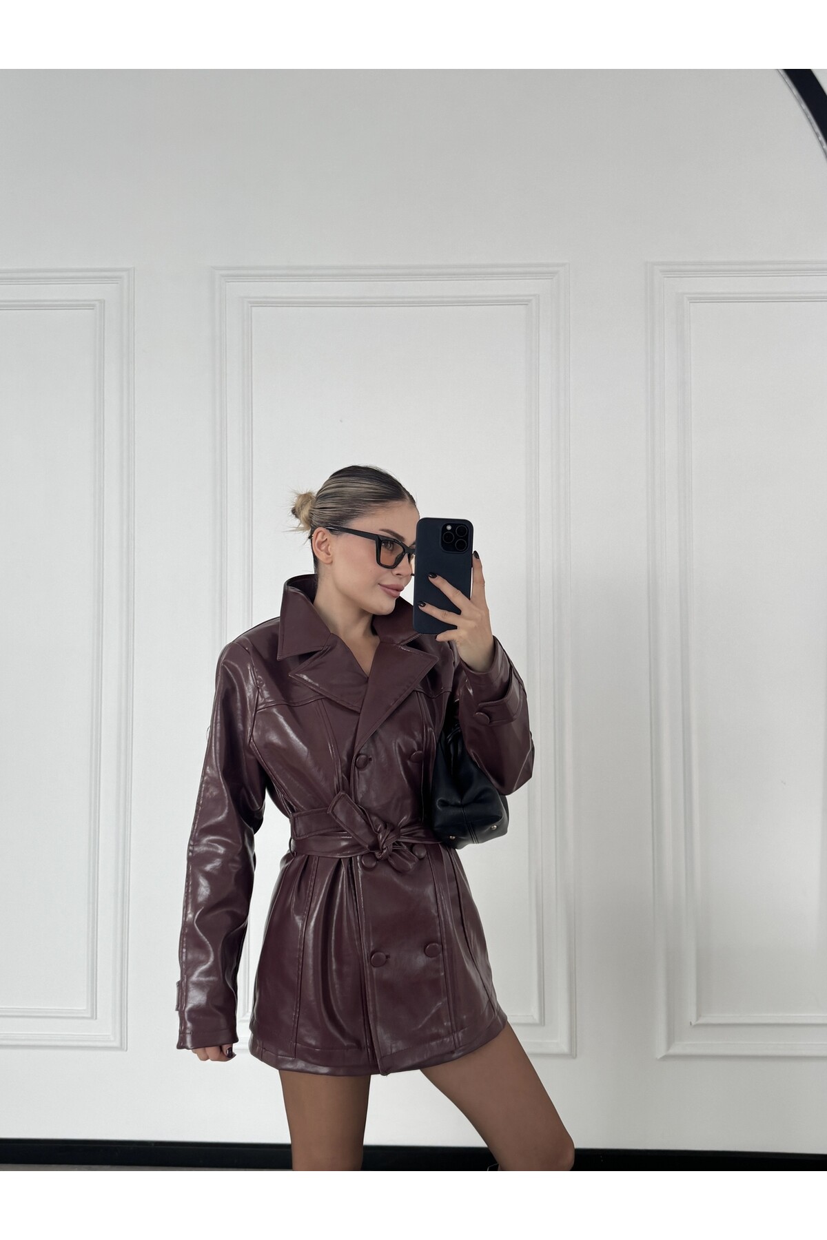 Parlak Mürdüm Deri Ceket Etek Takım