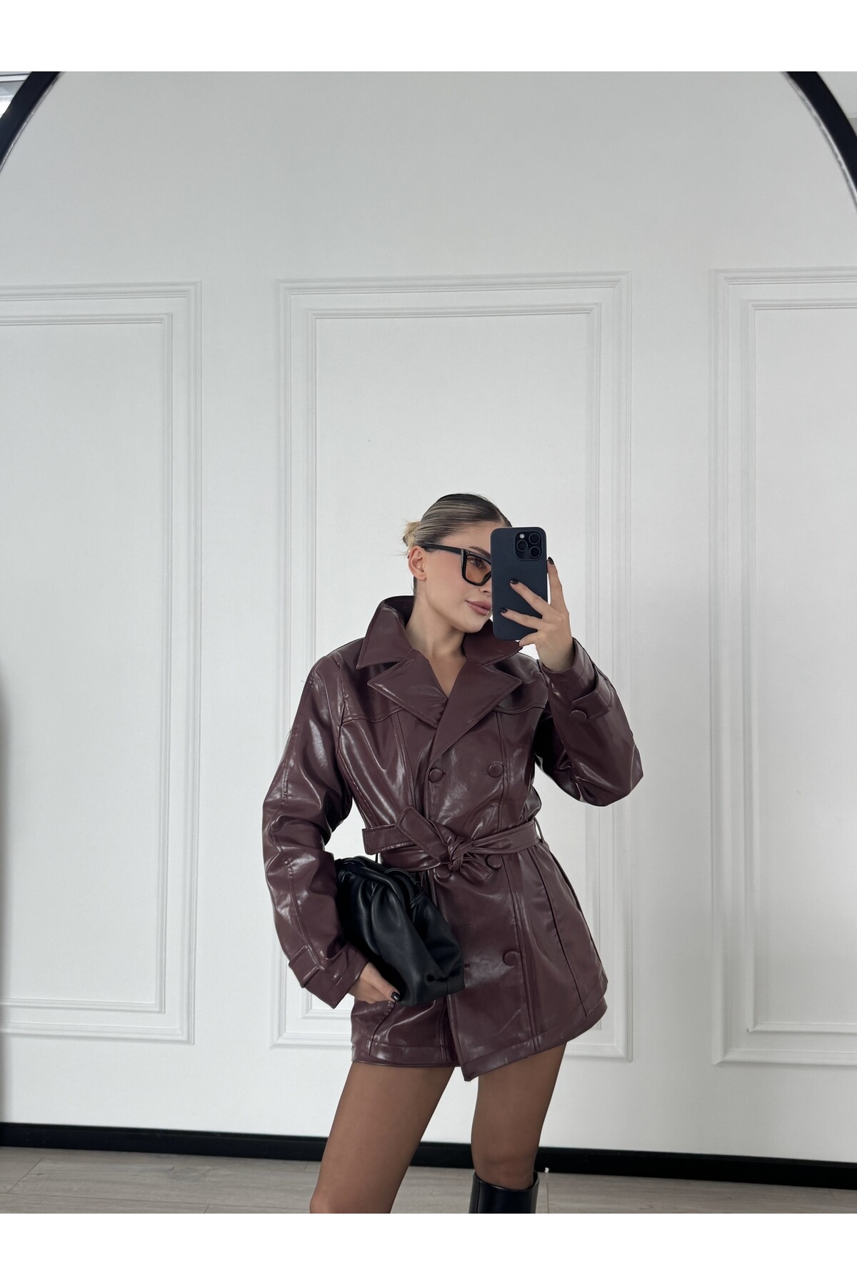 Parlak Mürdüm Deri Ceket Etek Takım