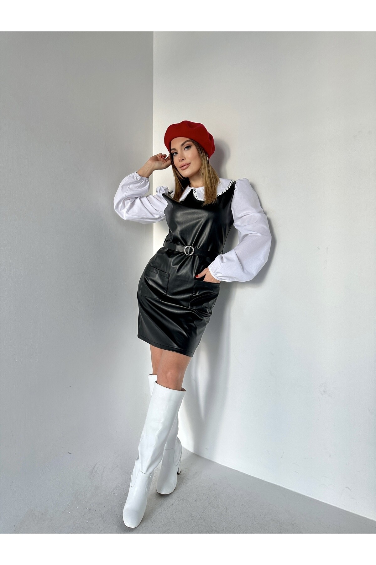 Vintage Yaka Kemerli Deri Elbise  Siyah