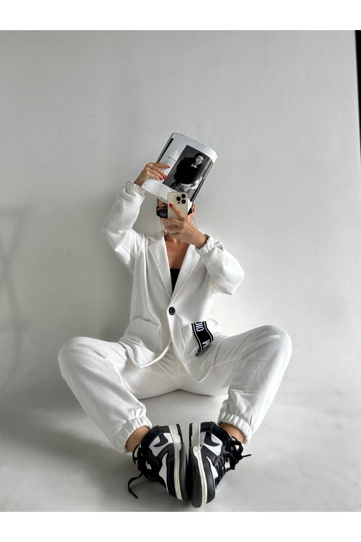 Yüksek Bel Yazılı 3 İplik Blazer Ceket Takım