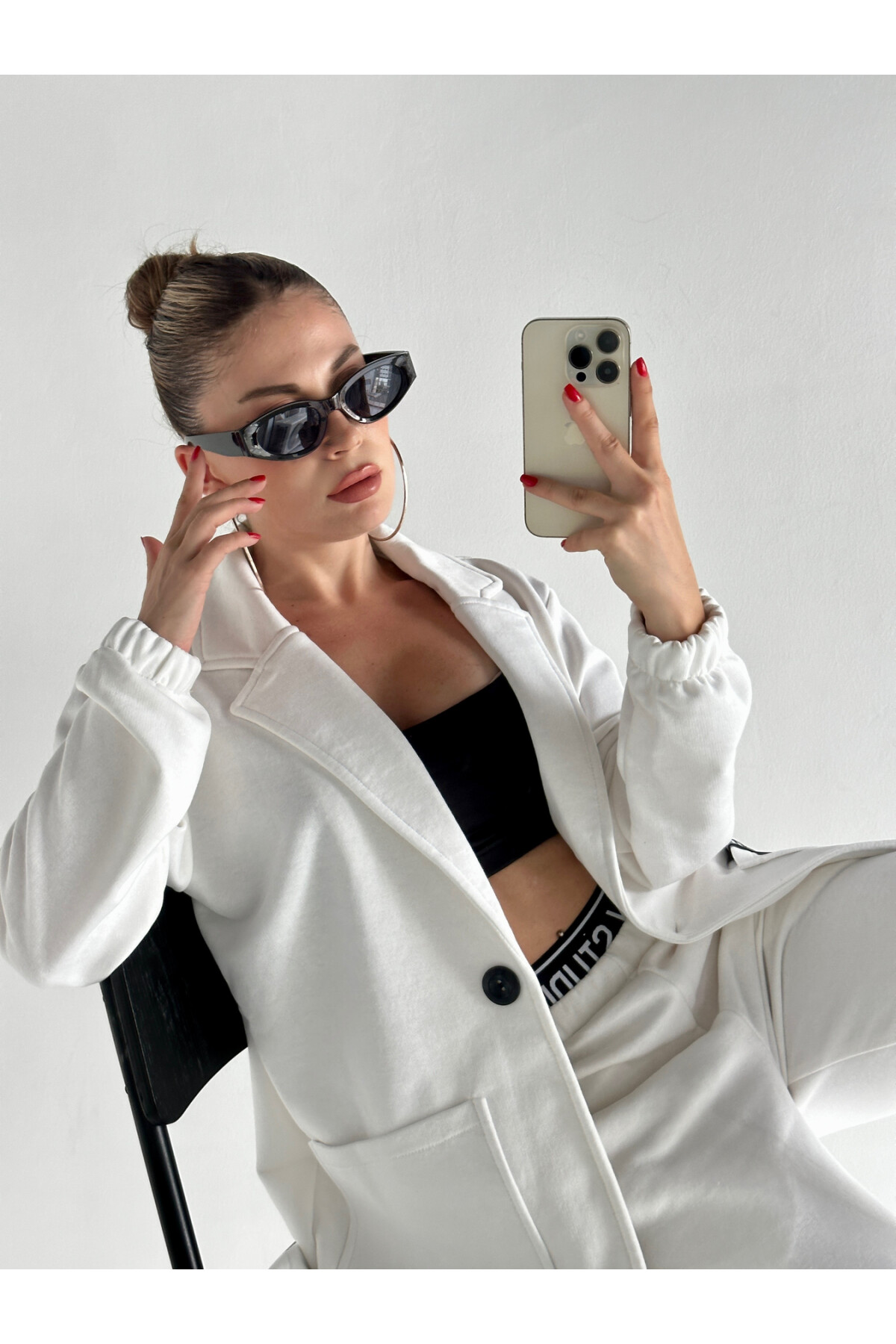 Yüksek Bel Yazılı 3 İplik Blazer Ceket Takım