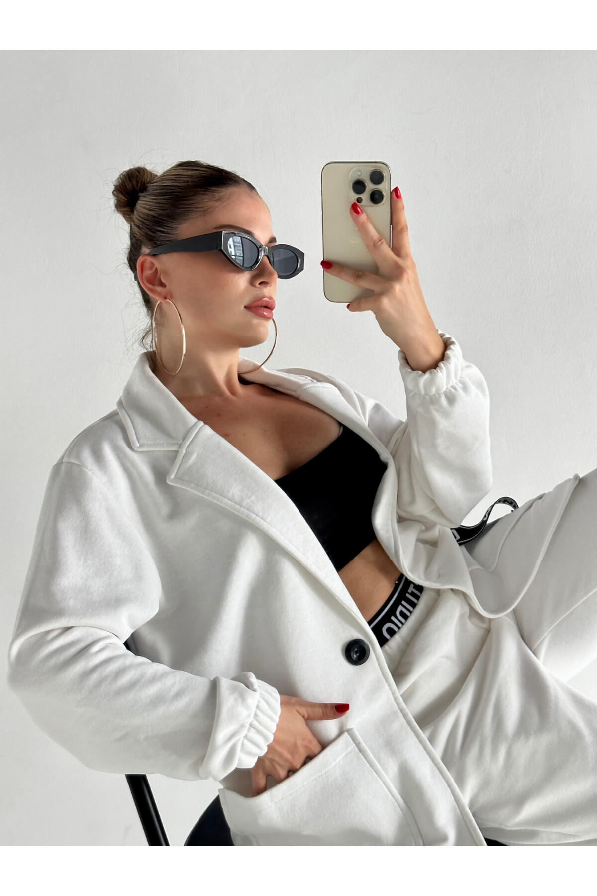 Yüksek Bel Yazılı 3 İplik Blazer Ceket Takım