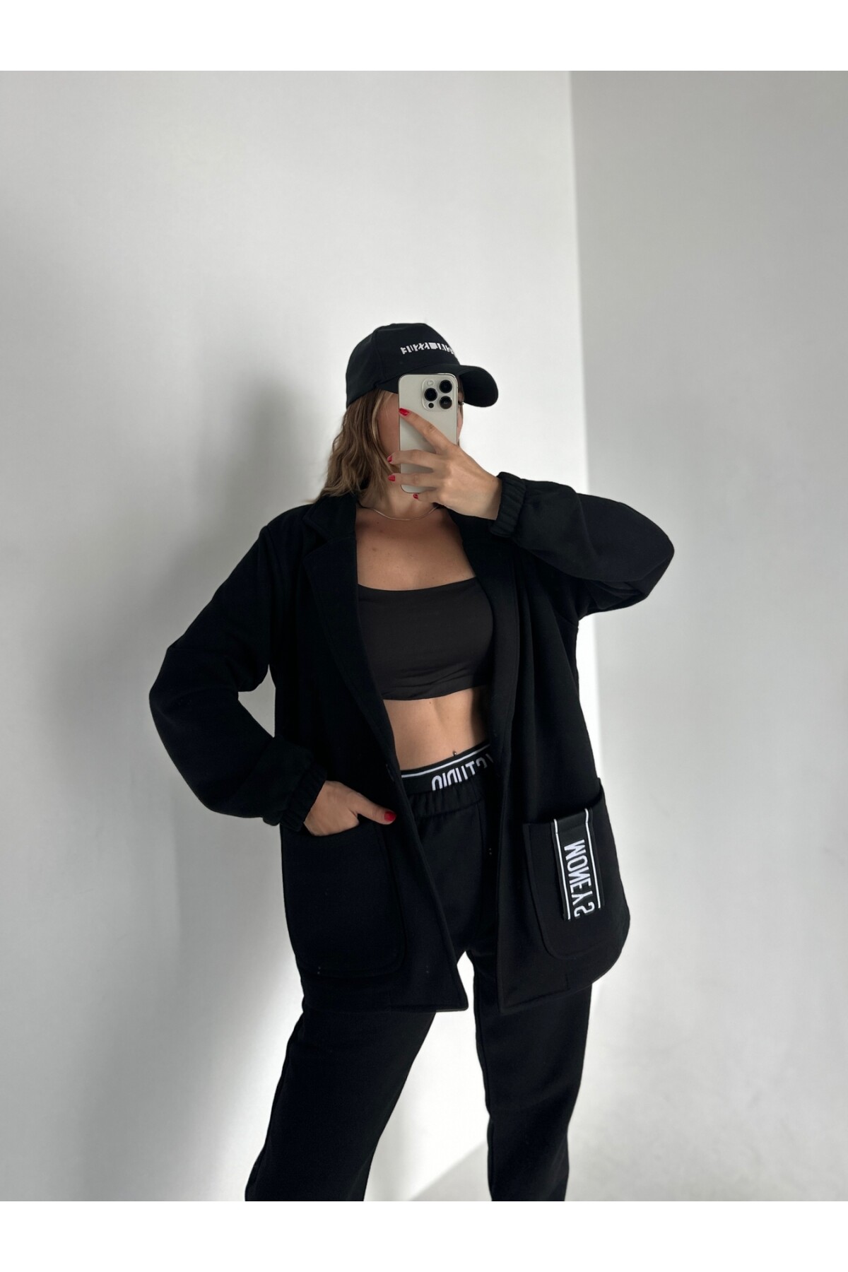 Yüksek Bel Yazılı 3 İplik Blazer Ceket Takım