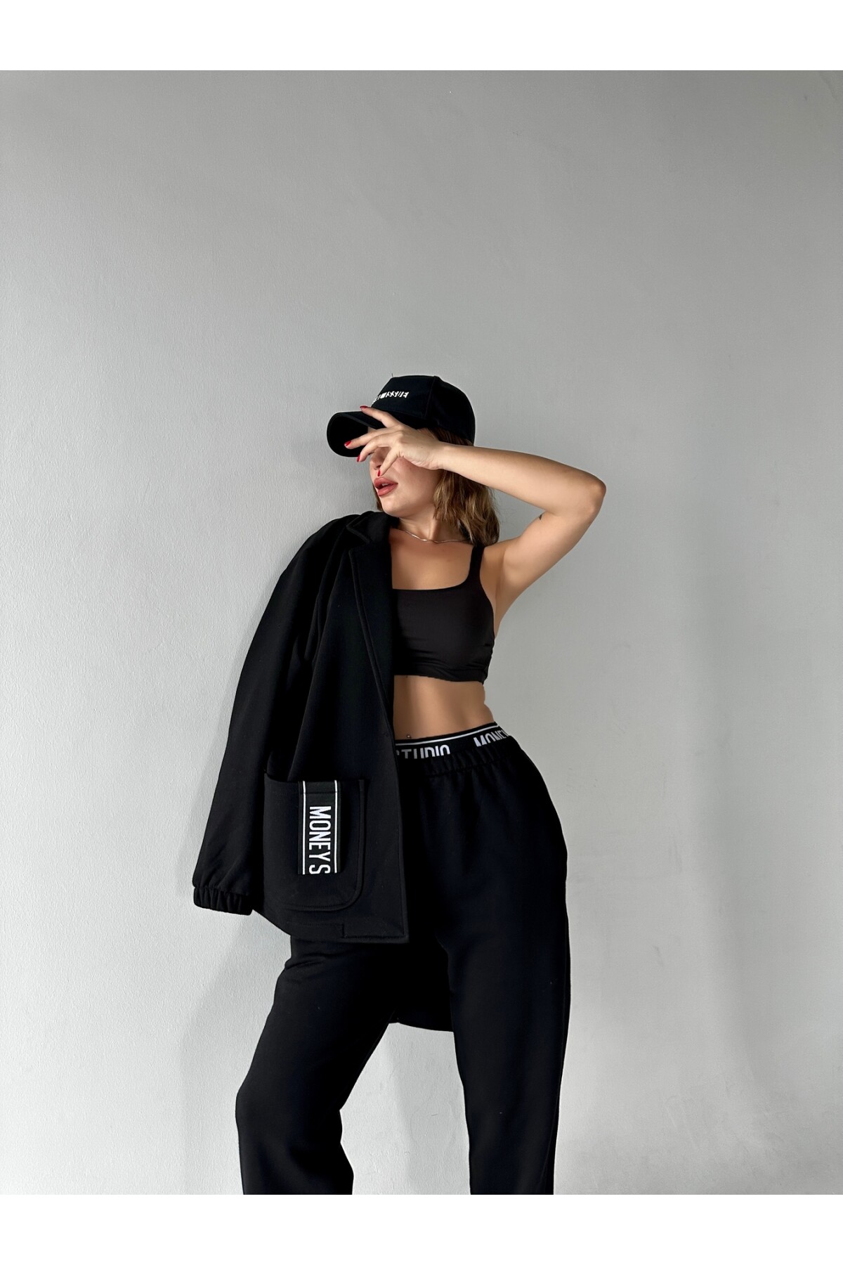 Yüksek Bel Yazılı 3 İplik Blazer Ceket Takım