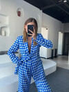 Kadın Desenli Blazer Ceket Palazzo Pantolon Takım Mavi