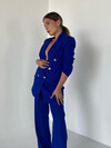 Kadın Gold Düğme Detay Yüksek Bel Pantolon Blazer Ceket Takım Mavi