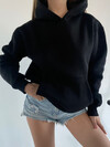 Kadın Kapüşonlu 3 İplik Kanguru Cep Şardonlu Beli Lastikli Sweatshirt Siyah