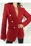 Kadın Kırmızı Gold Düğme Detaylı Astarlı Tüvit Blazer Ceket  Kırmızı