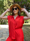 Kadın Kırmızı İpek Saten Gömlek 