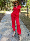 Kadın Kırmızı İpek Saten Kumaş Gömlek Alt-Üst Takım