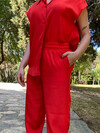 Kadın Kırmızı Paçaları Lastikli İpek Saten Pantolon 