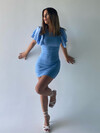 Kadın Mavi Kolları Volanlı Fitilli Mini Elbise 