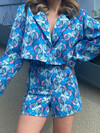 Kadın Pembe Desenli Crop Ceket Yüksek Bel Şort Takım Mavi