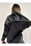 Kadın Siyah Chan Kadife Taş Detaylı Deri Ceket