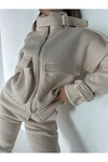Kadın Taş Rengi Yaka Tokalı Premium Sardonlu Eşofman Takımı