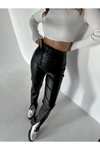 Kadın Yüksek Bel Fermuar Kapamalı Şardonlu Zara Deri Pantolon  Siyah