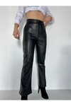 Kadın Yüksek Bel Şardonlu Slim Fir Deri Pantolon  Siyah