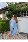 Kadın Bebe Mavi Renk tek cepli %100 keten oversize gömlek