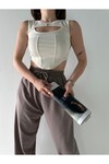 Kadın Bej Renk Pencere Detaylı Likralı Çelik Penye Bluz