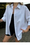 Kadın Beyaz Renk tek cepli %100 keten oversize gömlek
