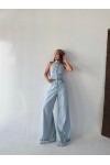 Kadın buz mavi sırt dekolteli geniş paça jean tulum