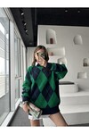 Kadın Dik Yaka Baklava Desen Oversize Triko Kazak  Yeşil