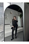 Kadın Düğme Detaylı Çizgili Mevsimlik Pantolon Ceket Takım Siyah