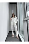 Kadın Düğme Detaylı Çizgili Mevsimlik Pantolon Ceket Takım  Beyaz