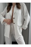 Kadın Düğme Detaylı Çizgili Mevsimlik Pantolon Ceket Takım  Beyaz