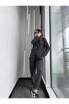 Kadın Düğme Detaylı Çizgili Mevsimlik Pantolon Ceket Takım Gri