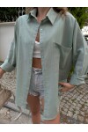 Kadın Haki Renk tek cepli %100 keten oversize gömlek