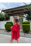 Kadın Kırmızı Renk tek cepli %100 keten oversize gömlek