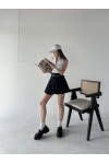 Kadın Lacivert Kemer Yazılı Pileli Mini Etek