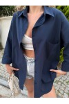 Kadın Lacivert Renk tek cepli %100 keten oversize gömlek