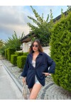Kadın Lacivert Renk tek cepli %100 keten oversize gömlek