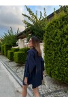 Kadın Lacivert Renk tek cepli %100 keten oversize gömlek