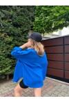 Kadın Mavi Renk tek cepli %100 keten oversize gömlek
