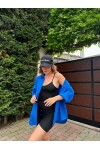 Kadın Mavi Renk tek cepli %100 keten oversize gömlek
