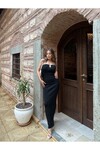 Kadın Önü Metal Aksesuarlı Straplez Triko Elbise  Siyah