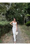 Kadın Önü Metal Aksesuarlı Straplez Triko Elbise Beyaz