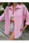 Kadın Pembe Renk tek cepli %100 keten oversize gömlek