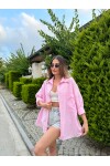 Kadın Pembe Renk tek cepli %100 keten oversize gömlek