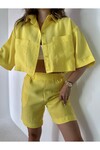 Kadın Sarı Beli Lastikli Şort Crop Gömlek Poplin Takım