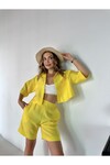 Kadın Sarı Beli Lastikli Şort Crop Gömlek Poplin Takım