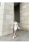 Kadın Taş Rengi Pencere Yaka Yırtmaçlı Triko Elbise