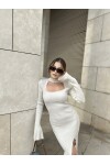 Kadın Taş Rengi Pencere Yaka Yırtmaçlı Triko Elbise