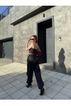 Kadın Siyah Paraşüt Büstiyer Kargo Cepli Yüksek Bel Pantolon Takım