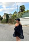 Kadın Siyah Renk tek cepli %100 keten oversize gömlek