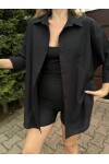 Kadın Siyah Renk tek cepli %100 keten oversize gömlek